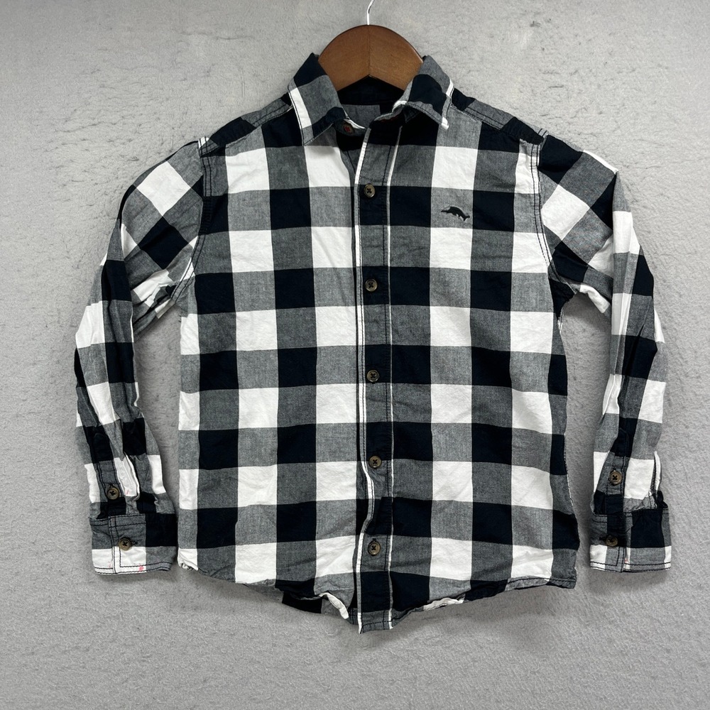 Tommy Bahama Button Down Boys M 7/8 Black White Buffalo Plaid Flannel Preppy